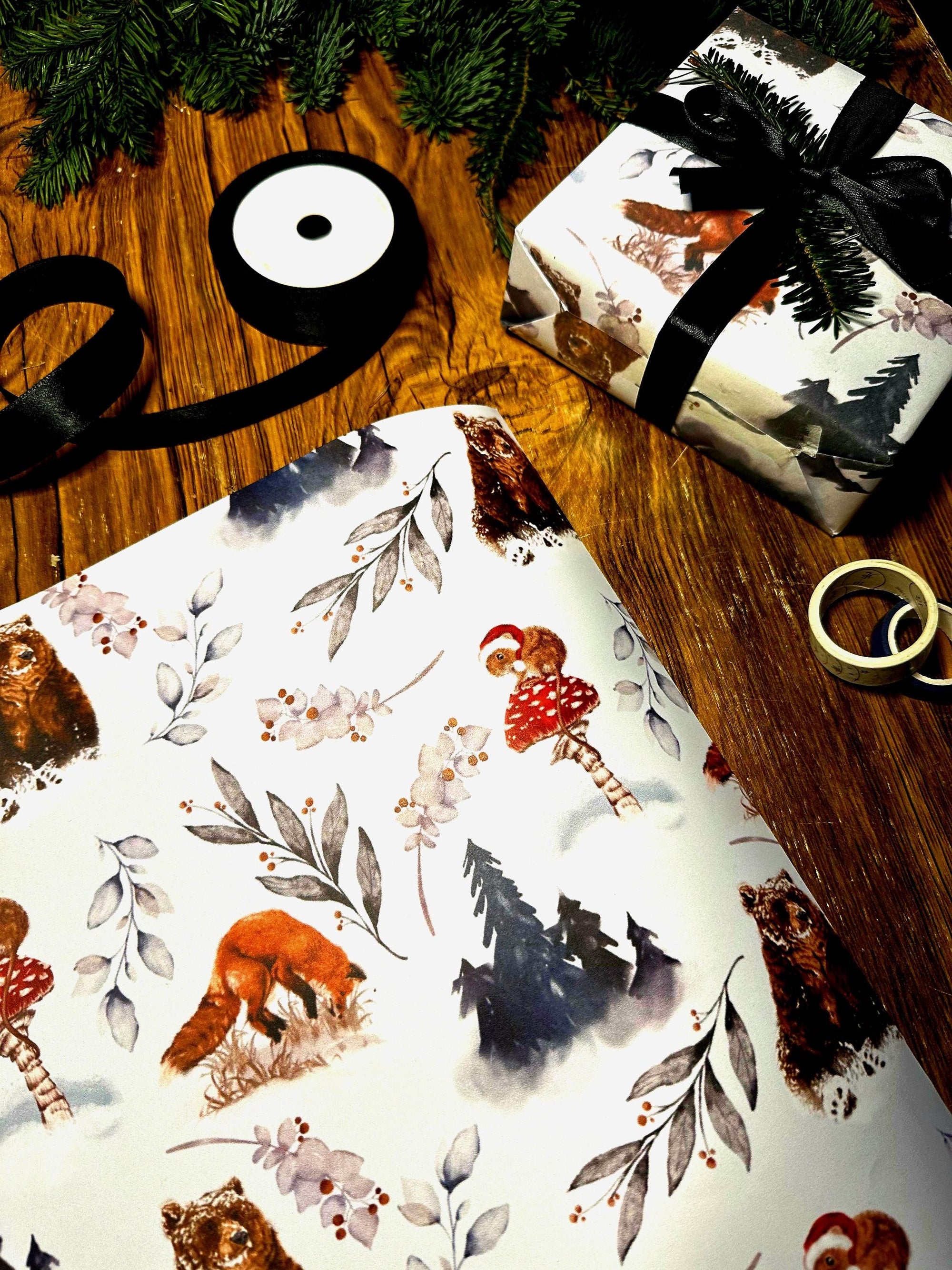 Adorable stylish winter woodlands Christmas gift wrap wrapping paper with mice mushrooms bears and foxes and foliage in cool simplistic blue