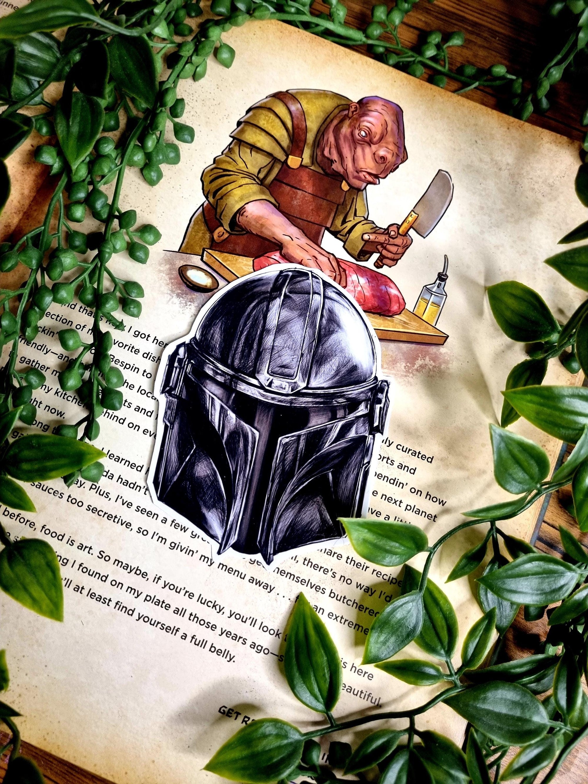 Starwars, the mandalorian, mandalorian helmet, mando, inspired artist illustration, beautiful, vinyl gloss sticker. May 4th