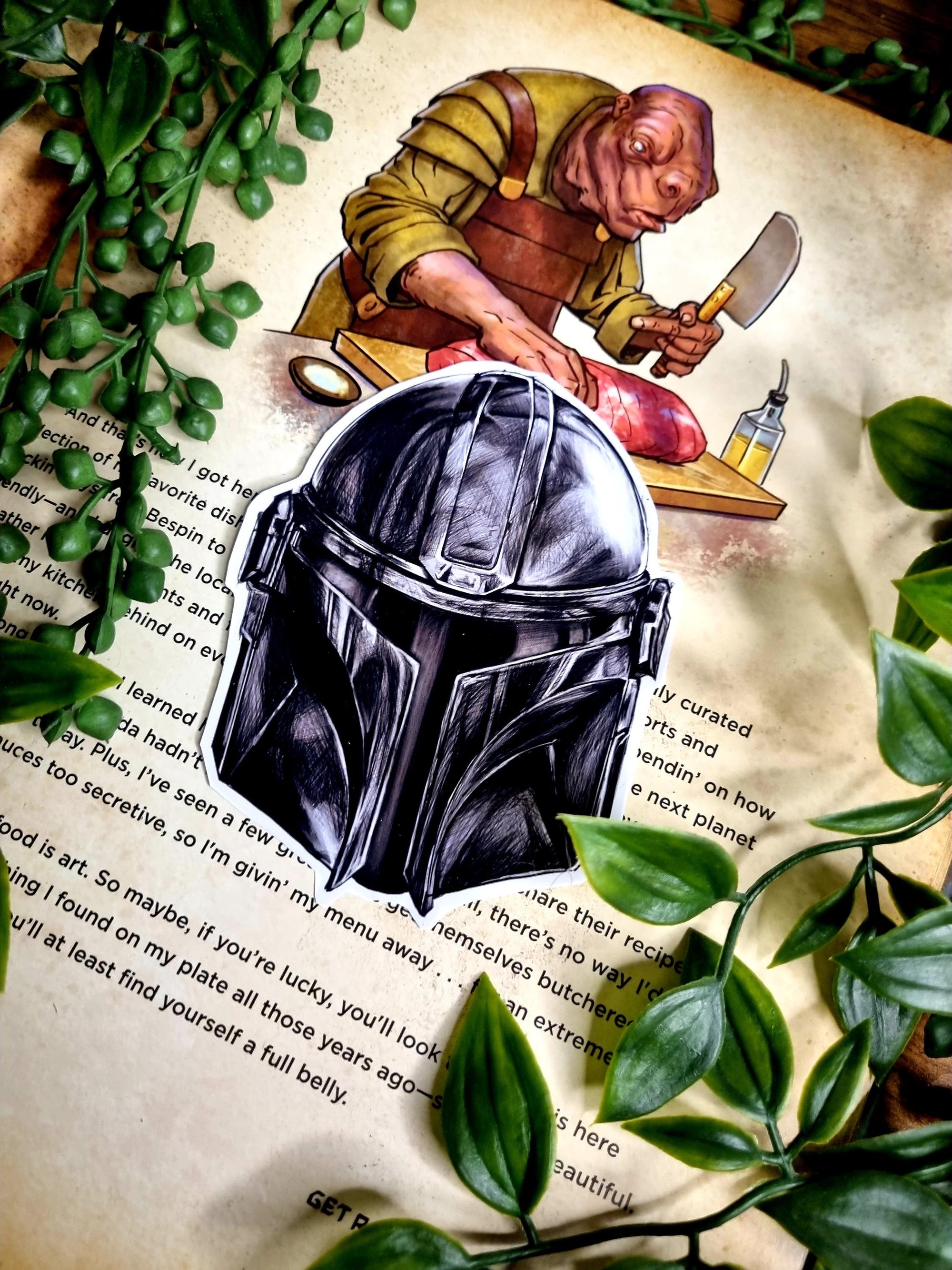 Starwars, the mandalorian, mandalorian helmet, mando, inspired artist illustration, beautiful, vinyl gloss sticker. May 4th