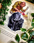 Starwars, the mandalorian, mandalorian helmet, mando, inspired artist illustration, beautiful, vinyl gloss sticker. May 4th