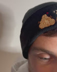 aborable kawaii THE BUNS (c) art rabbit bunny butt cute unique embroidered thermal hat black beanie featuring little hearts and a carrot.