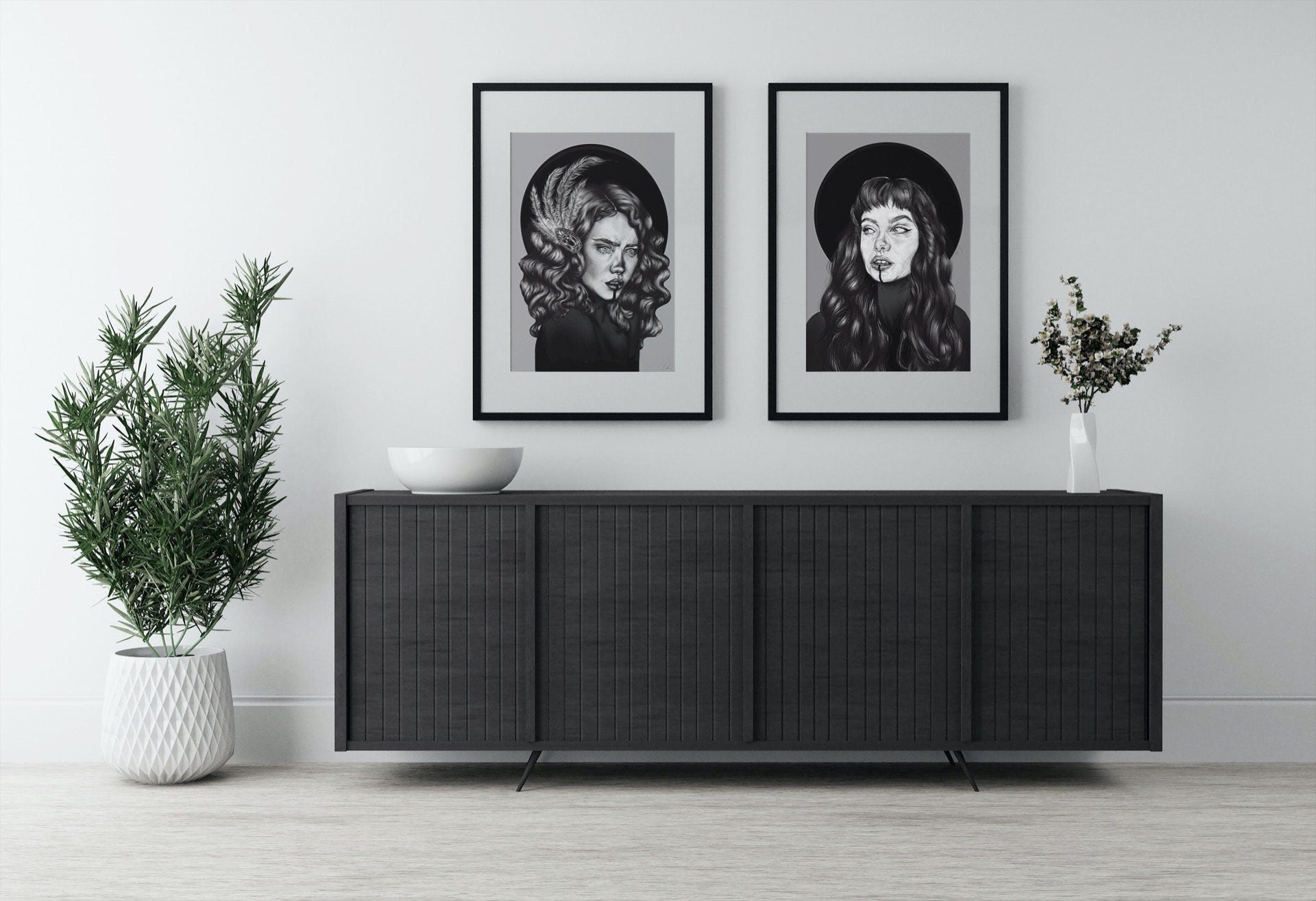 Black and white, editorial woman portrait, Art/ gallery print,Digital drawn ecofriendly illustration.