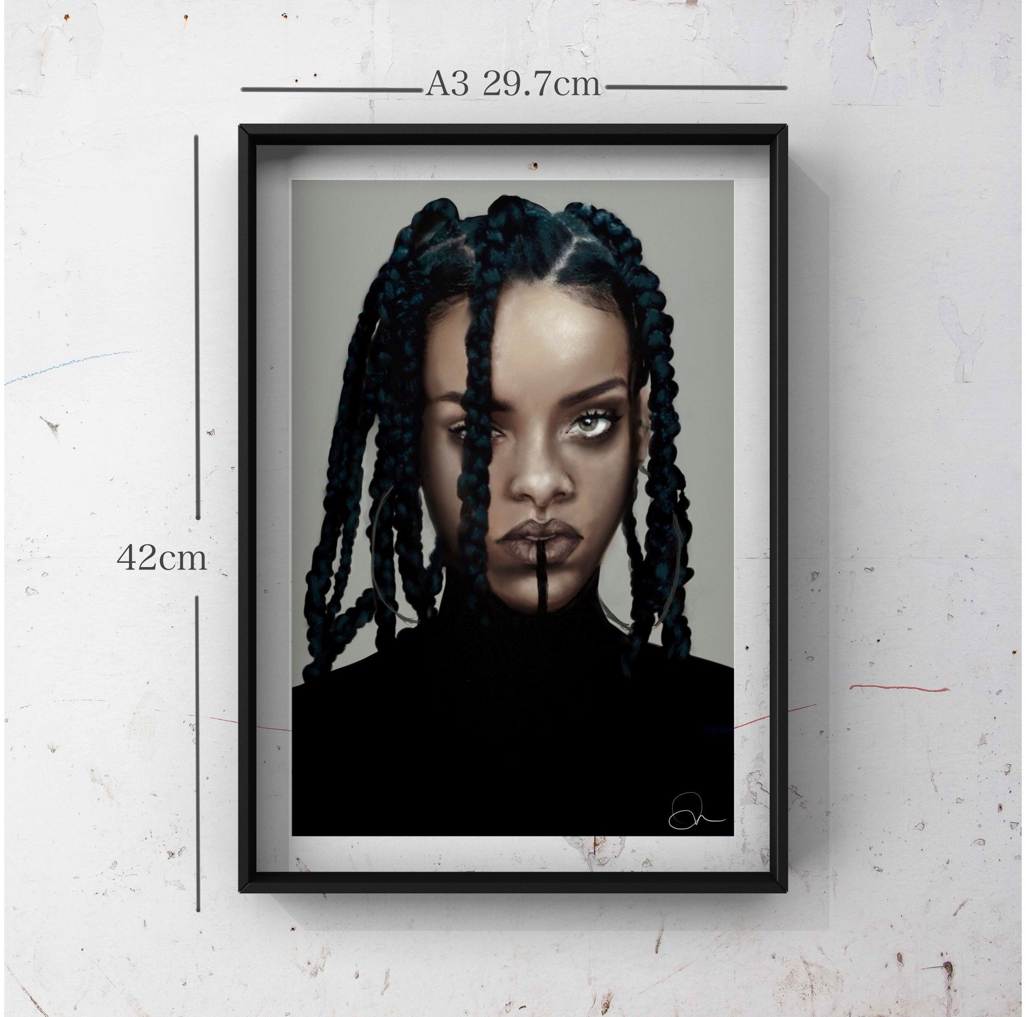 black and white/ colour, digital-drawn, art print, gallery print. inspired by Rhianna.