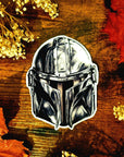 Starwars, the mandalorian, mandalorian helmet, mando, inspired artist illustration, beautiful, vinyl gloss sticker. May 4th