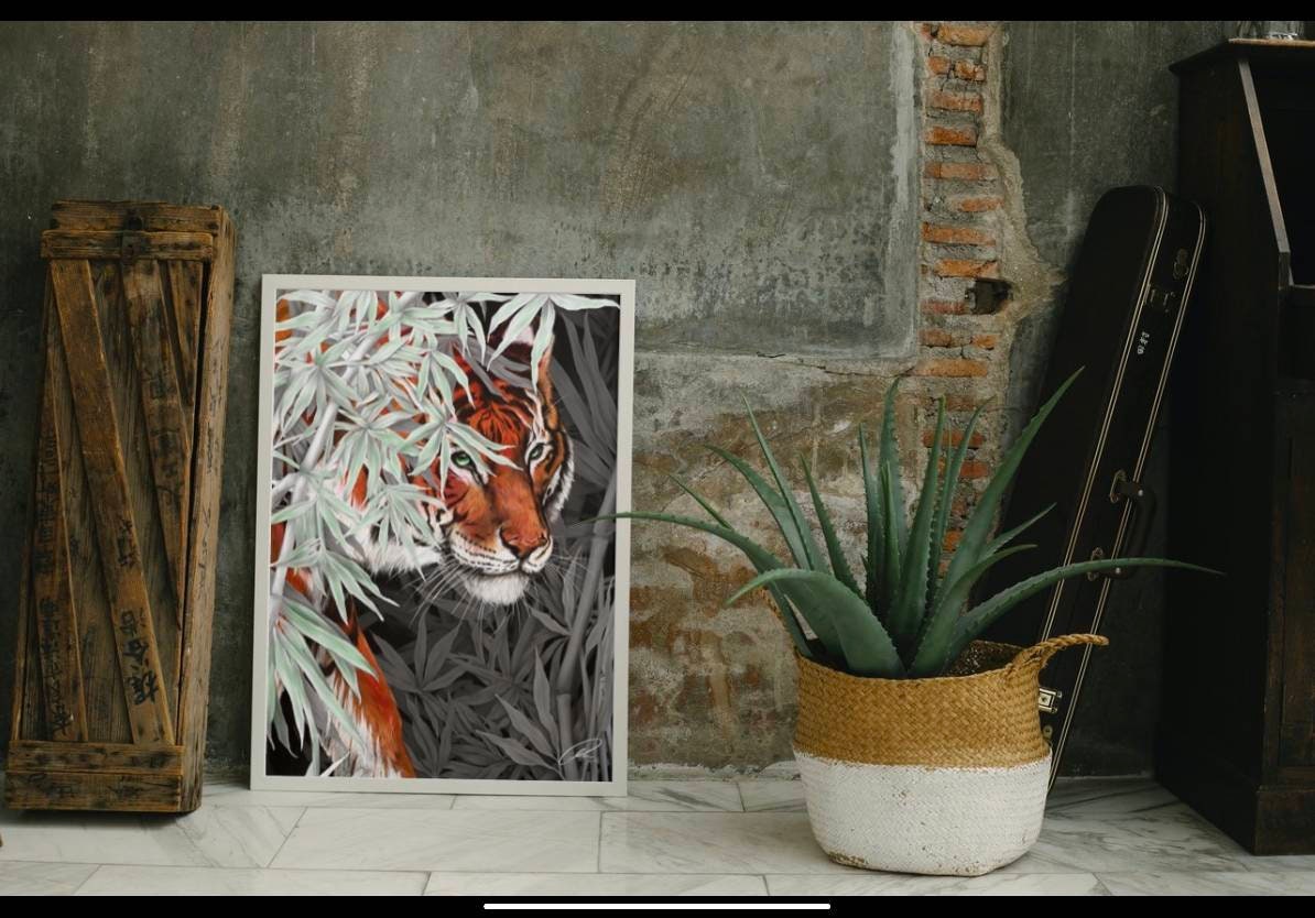 Beautiful exotic detailed Bengal Tiger illustration hand digitally drawn art print wall art. Pop of single colour or green leaves art decor.