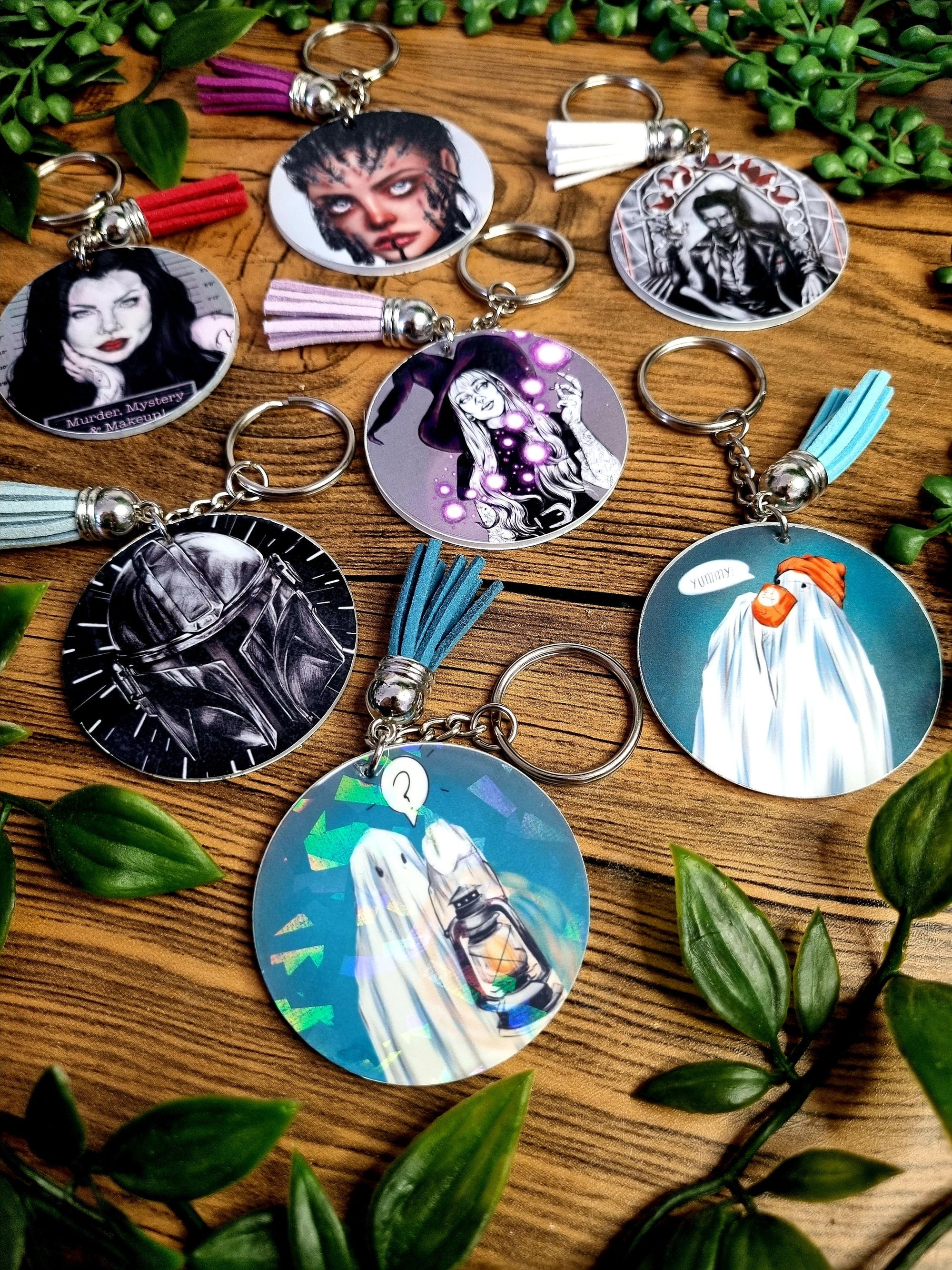 Beautiful original art illustrated handmade keyrings | keychain | geeky | Recycled | art | Gothic | Fantasy | eco friendly | illustration