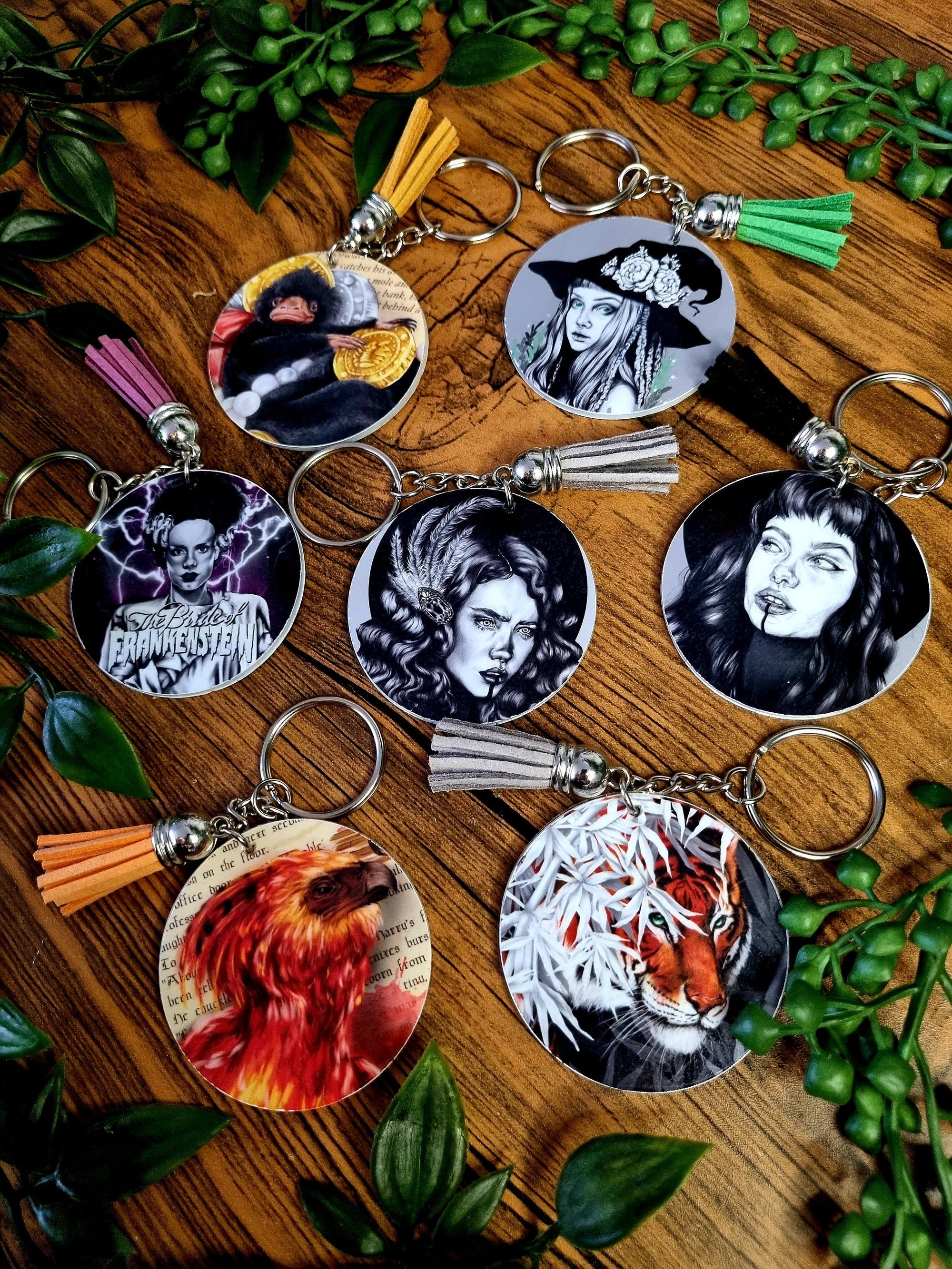 Beautiful original art illustrated handmade keyrings | keychain | geeky | Recycled | art | Gothic | Fantasy | eco friendly | illustration