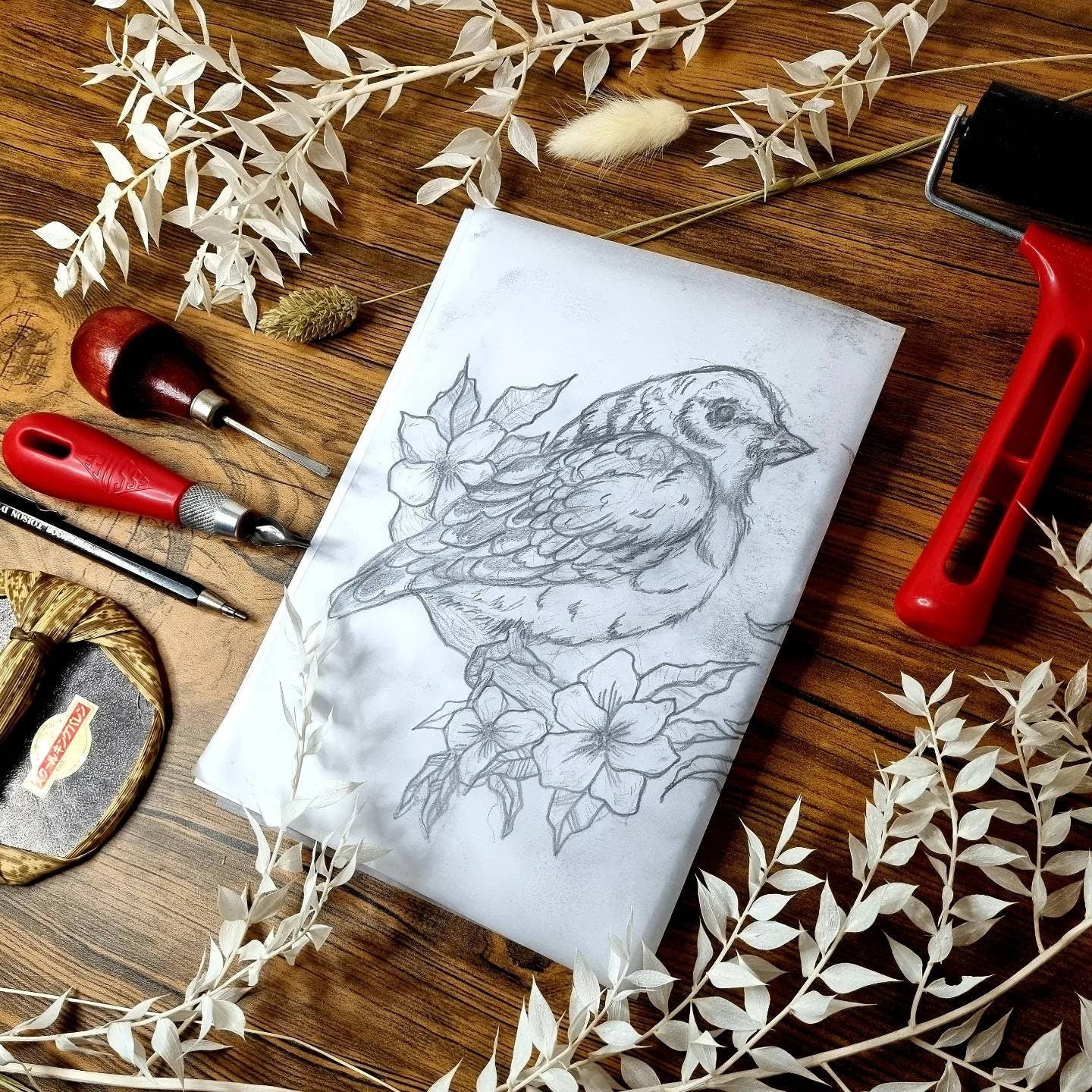 Hand-CUT &amp; designed art lino bird print.