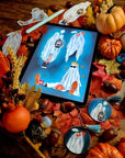 Halloween, sad ghost, bedsheet ghost, cute, illustration, full colour artprints & ecofriendly, waterproof glossy artist sticker, magnets.