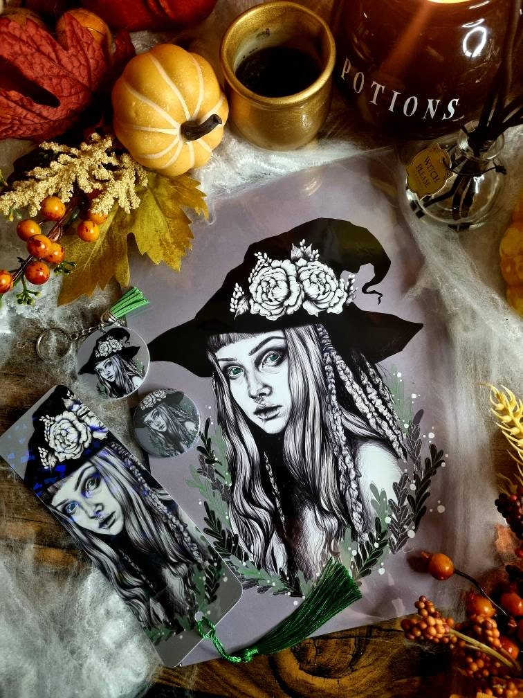 Green witch art/gallery print. wall art. digitally drawn, art print. Magical. Witch. Nature. Green. Portrait.