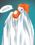 Halloween, sad ghost, bedsheet ghost, cute, illustration, full colour artprints & ecofriendly, waterproof glossy artist sticker, magnets.