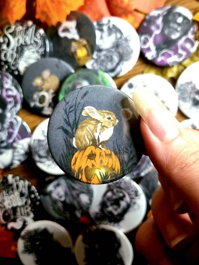 Cute, horror, halloween,witch, unique, handmade art artist illustration ecofriendly backpack jacket button pin badge perfect for gift 45mm
