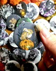 Cute, horror, halloween,witch, unique, handmade art artist illustration ecofriendly backpack jacket button pin badge perfect for gift 45mm