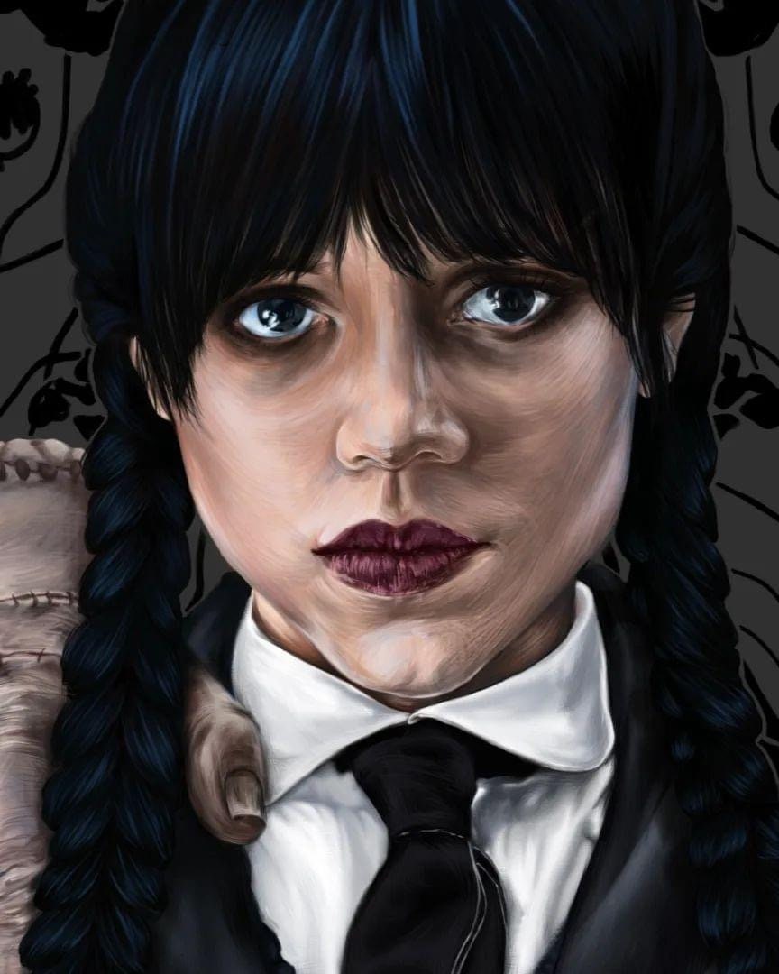 original Wednesday Addams gothic horror art print beautiful vintage Dark academia drawing illustration poster