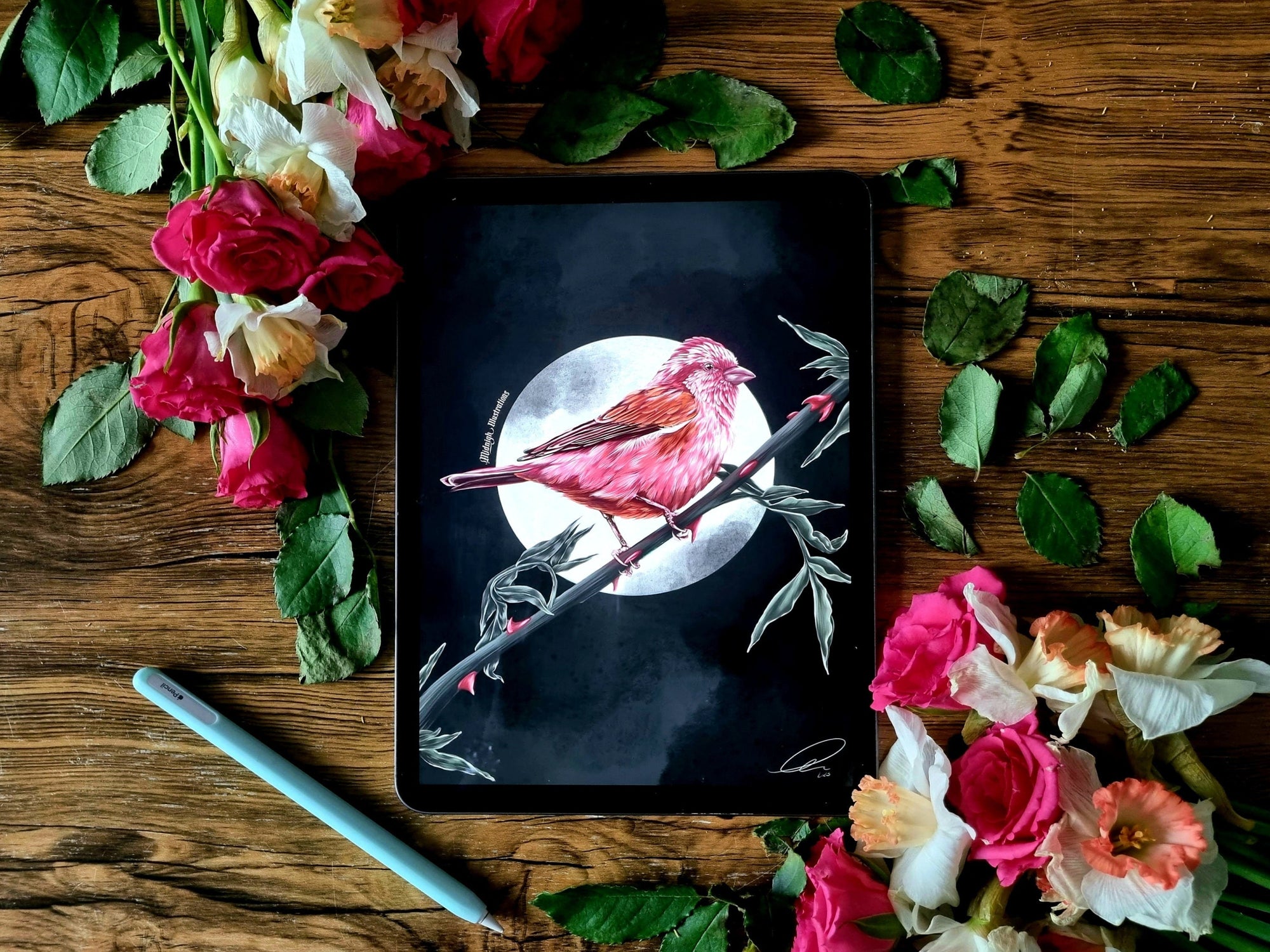 dramatic stunning digital painting colour popping purple finch bird illustration nature wall art perfect for home decor.