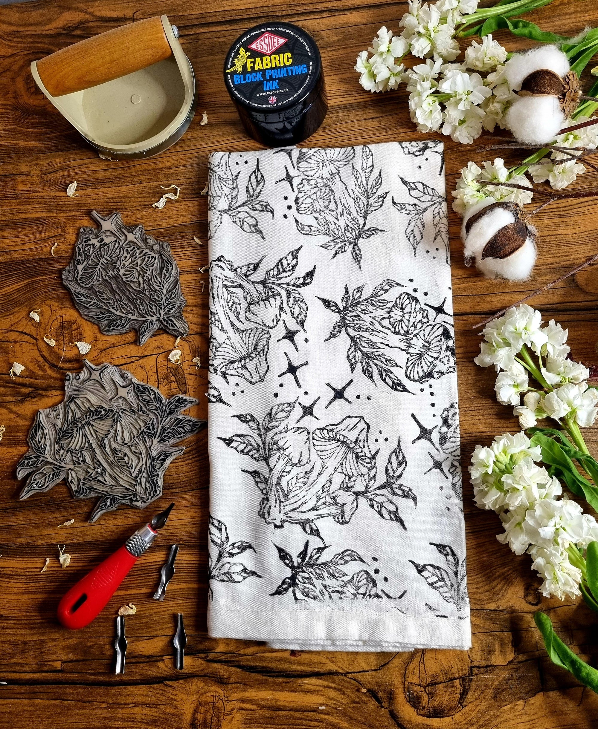 Lino print cottage core kitchen decor mushroom deathhead butterfly 100% organic fair trade hand pressed unique tea towels. Perfect gift