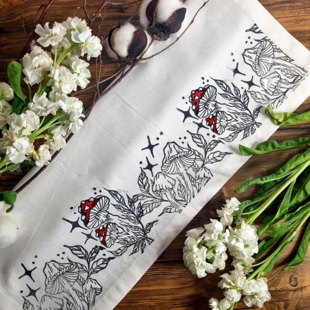 Lino print cottage core kitchen decor mushroom deathhead butterfly 100% organic fair trade hand pressed unique tea towels. Perfect gift