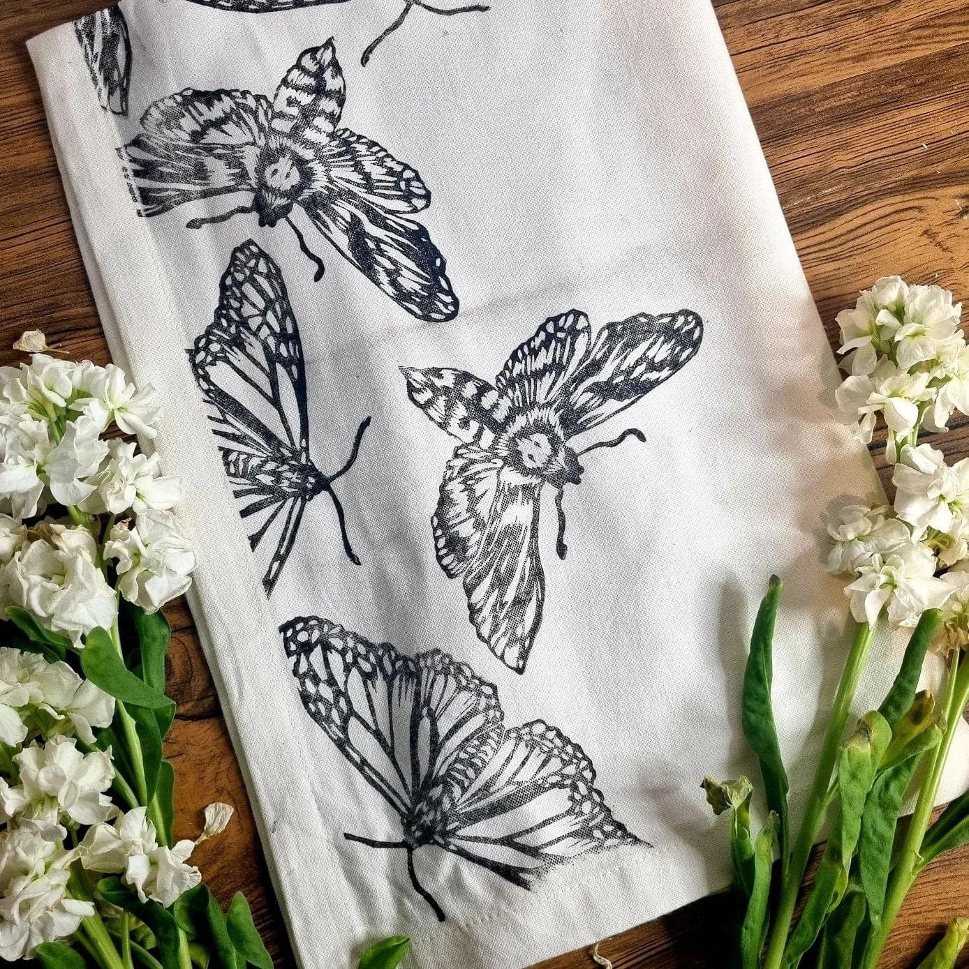 Lino print cottage core kitchen decor mushroom deathhead butterfly 100% organic fair trade hand pressed unique tea towels. Perfect gift