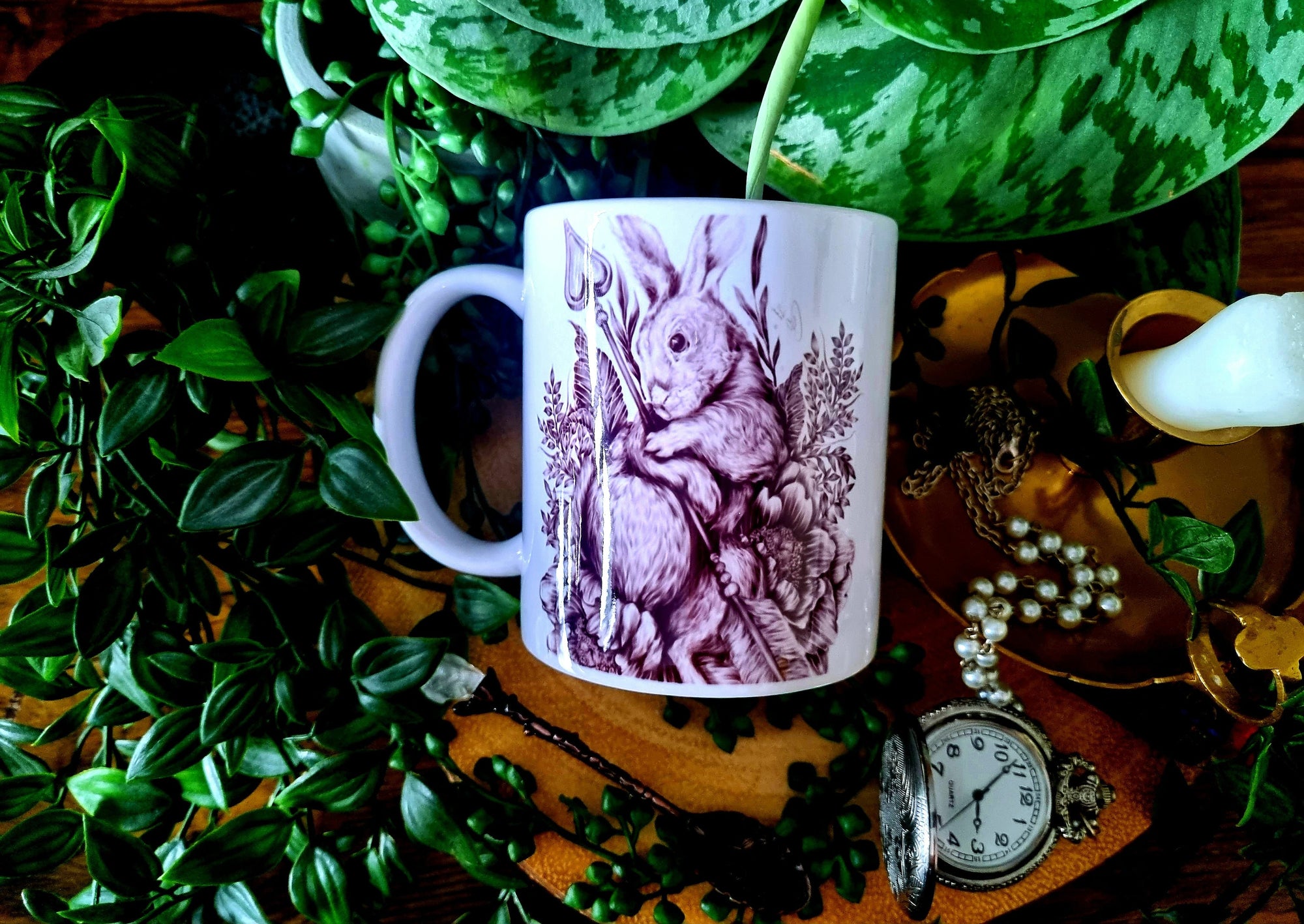 Unique design functional art sublimation rabbit illustration mug black &amp; white monochrome perfect gift home decor Alice in wonderland