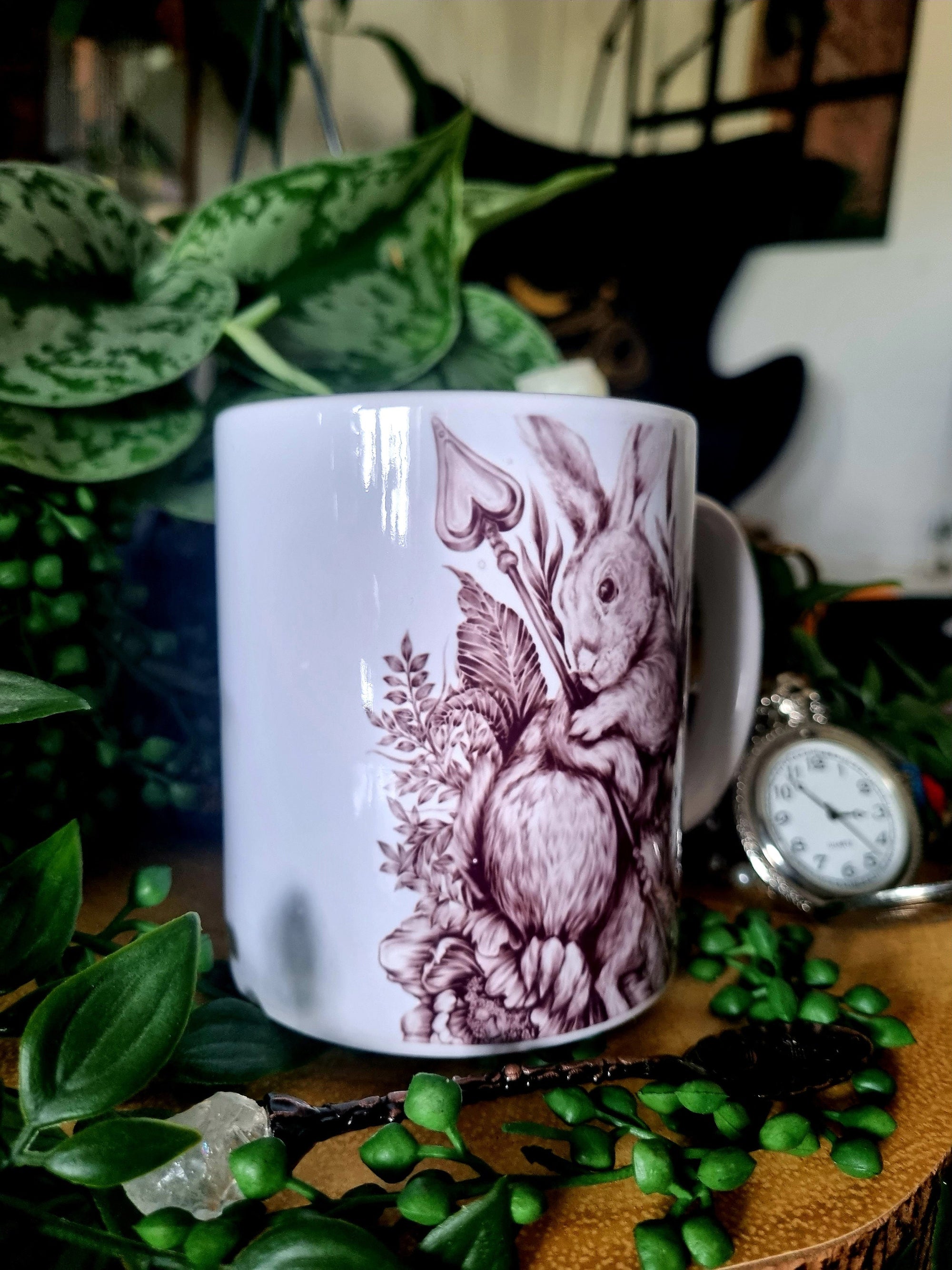 Unique design functional art sublimation rabbit illustration mug black &amp; white monochrome perfect gift home decor Alice in wonderland