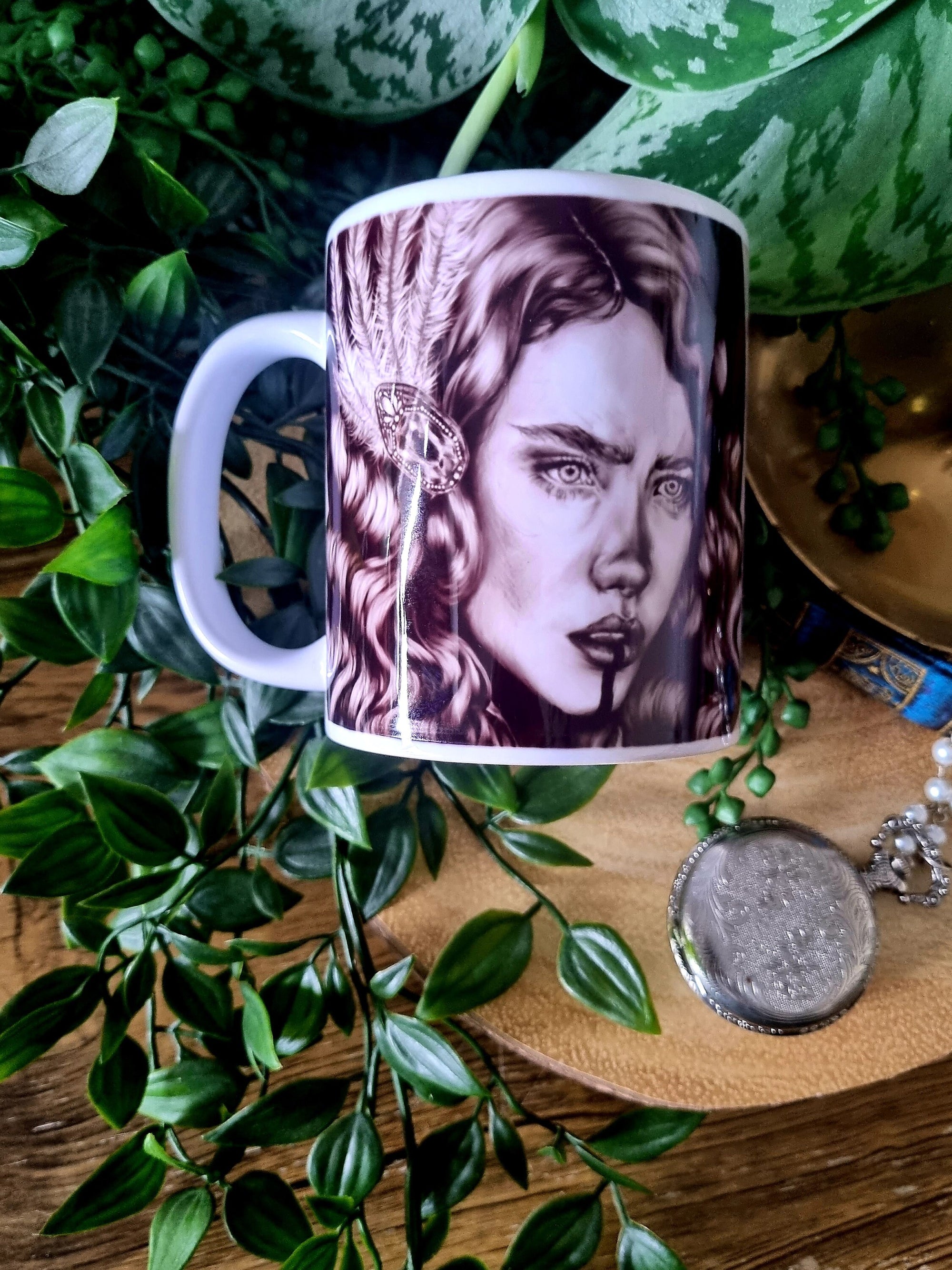 One of a kind design functional art sublimation illustration mug with black &amp; white vintage flapper pinup girl perfect gift and home decor