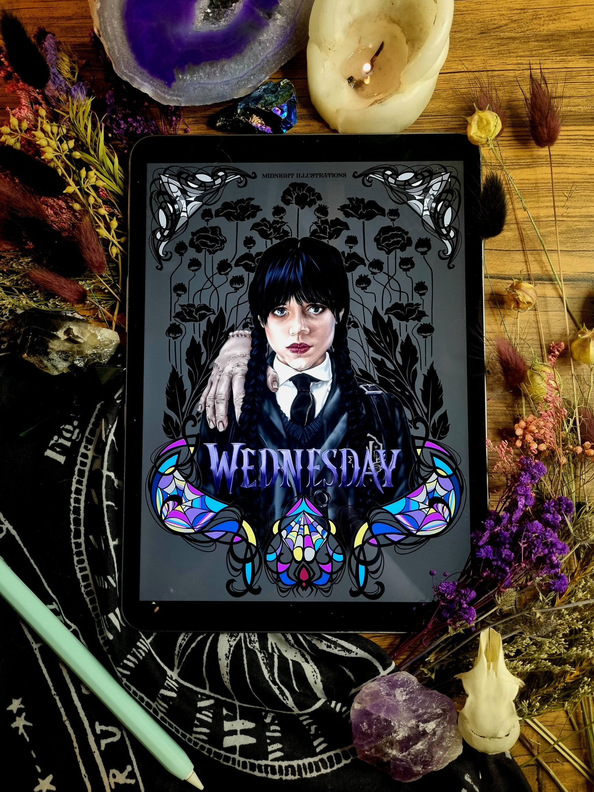 original Wednesday Addams gothic horror art print beautiful vintage Dark academia drawing illustration poster