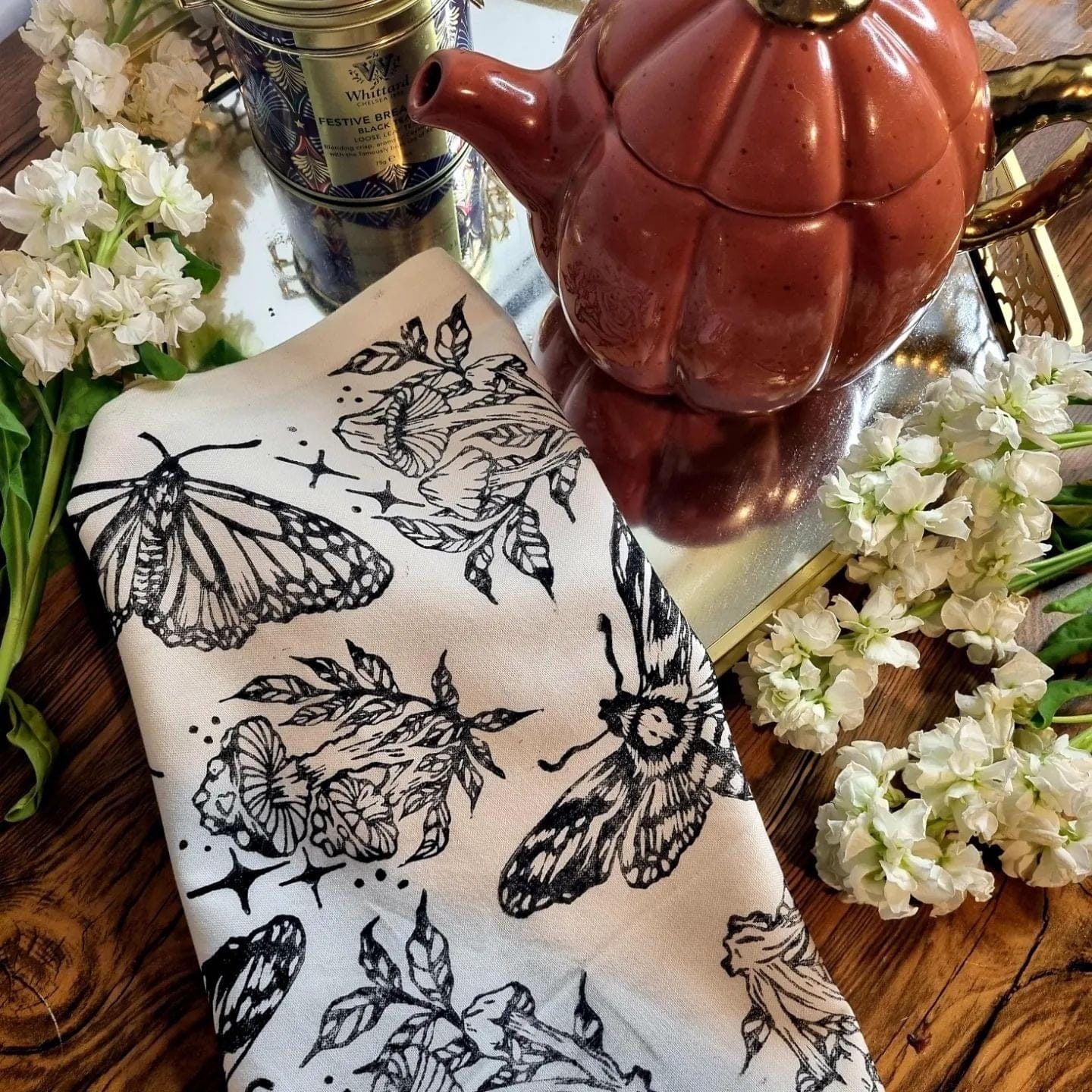 Lino print cottage core kitchen decor mushroom deathhead butterfly 100% organic fair trade hand pressed unique tea towels. Perfect gift