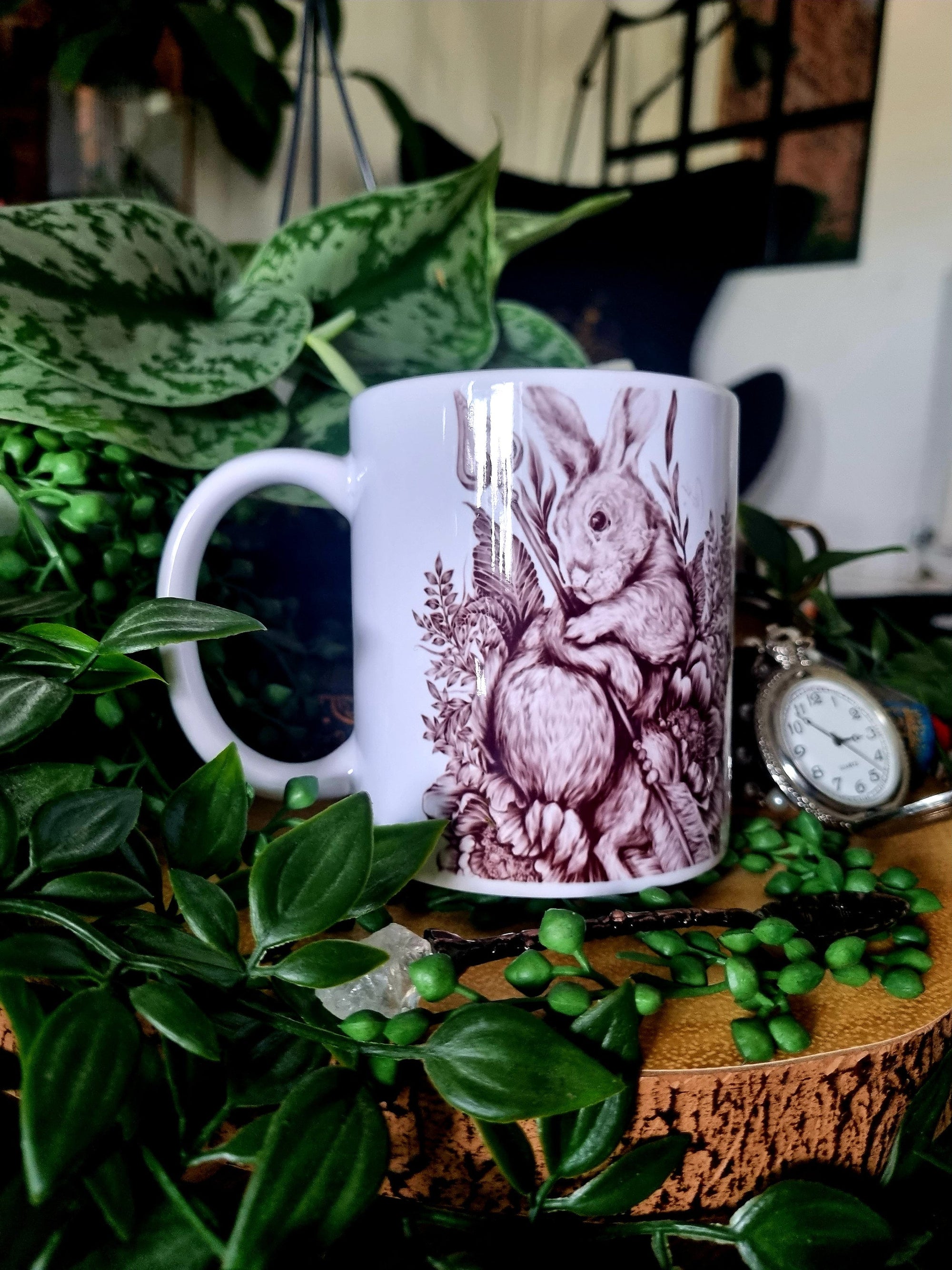 Unique design functional art sublimation rabbit illustration mug black &amp; white monochrome perfect gift home decor Alice in wonderland