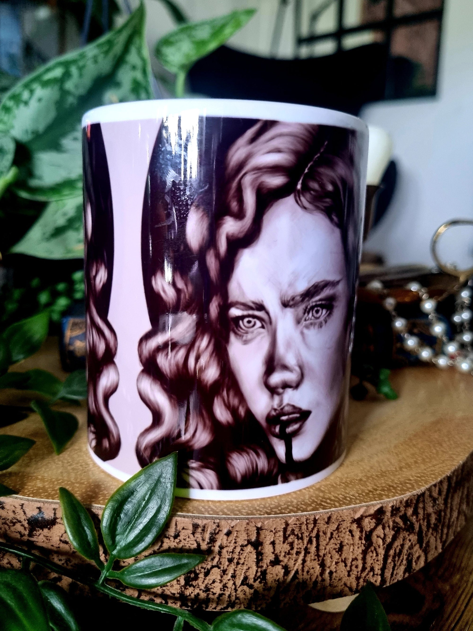 One of a kind design functional art sublimation illustration mug with black &amp; white vintage flapper pinup girl perfect gift and home decor