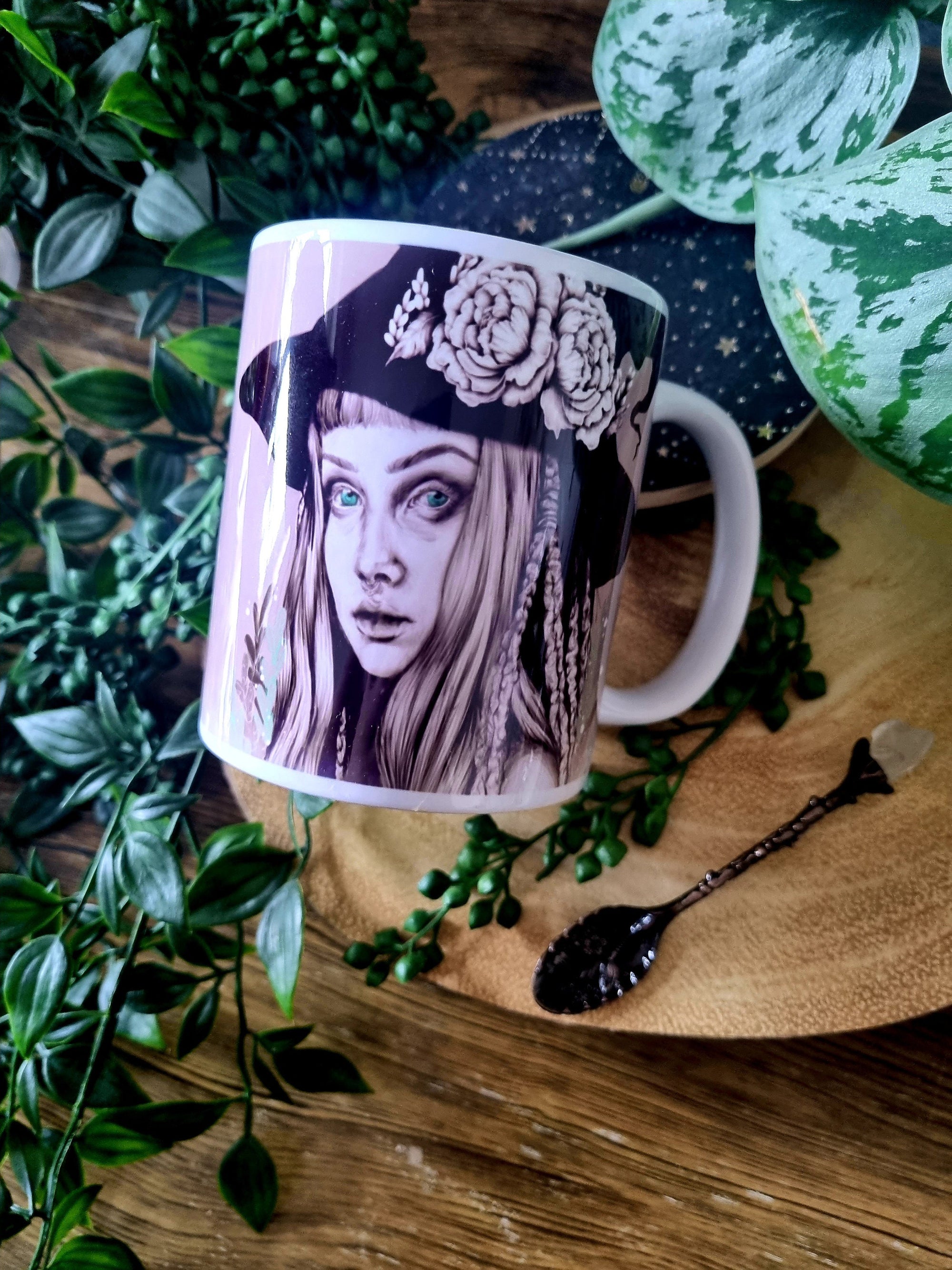 Unique beautiful green witch dark academia gothic halloween mug perfect gift or home decor art mug functional art coffee mug spooky vibes
