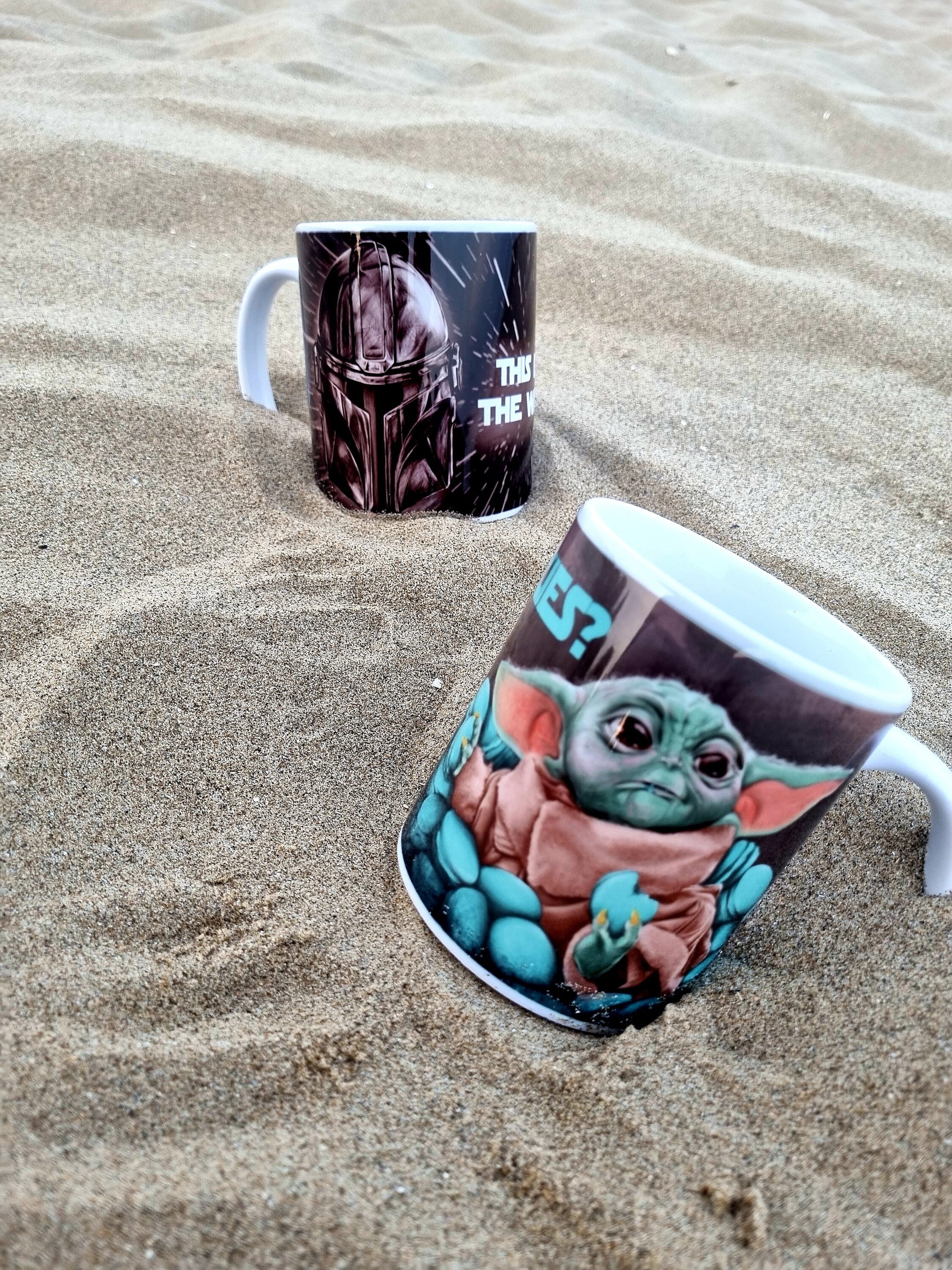 The mandalorian helmet with space background unique illustrated art design handmade, handpressed mug, tea cup. Mug functional art starwars