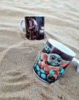 The mandalorian helmet with space background unique illustrated art design handmade, handpressed mug, tea cup. Mug functional art starwars
