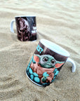 The mandalorian helmet with space background unique illustrated art design handmade, handpressed mug, tea cup. Mug functional art starwars