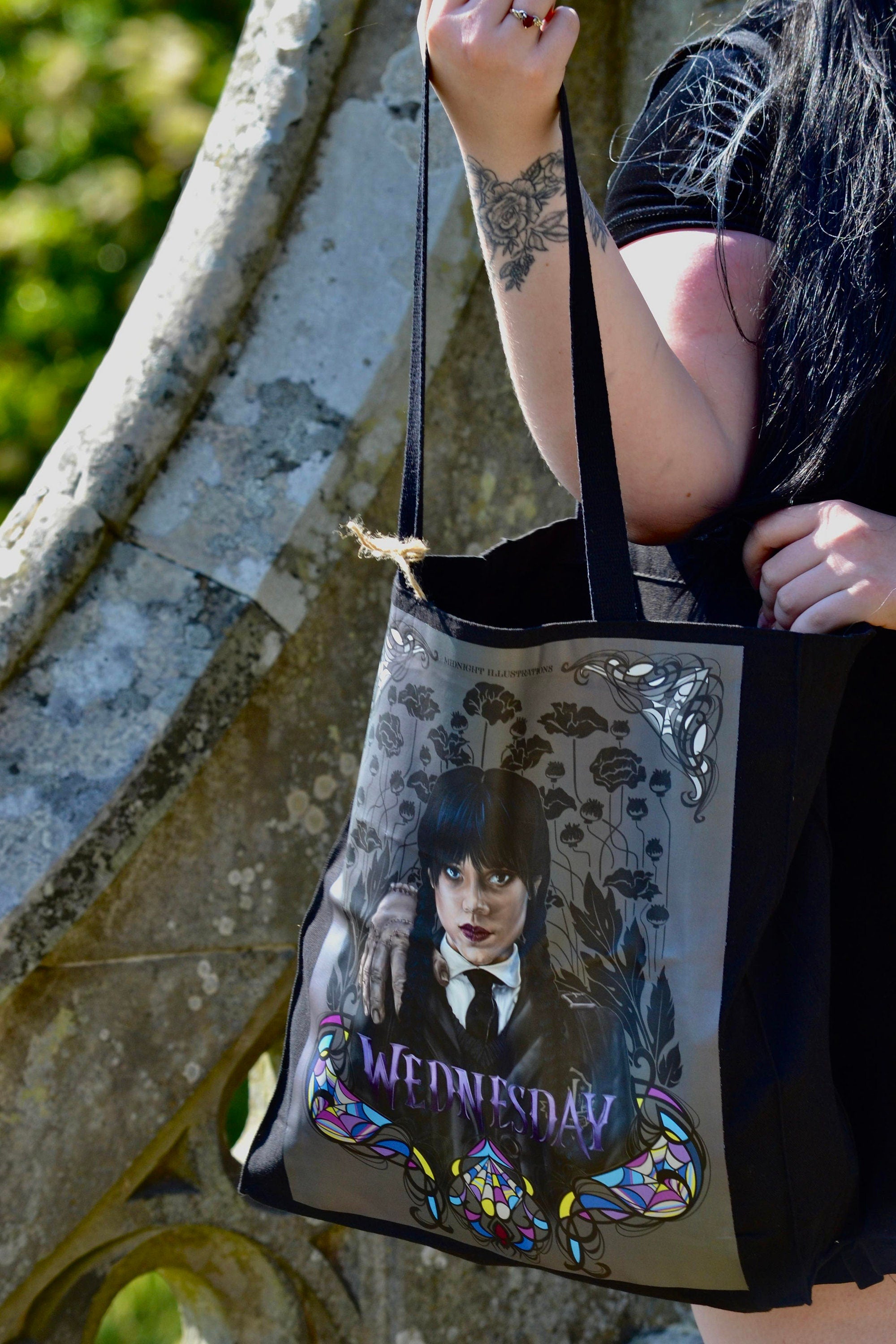 Handpressed unique art drawing wednesday addams halloween 100% organic fairtrade whimsygoth horror gothic 10oz flat base totebag fashion bag