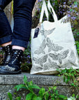 Hand printed lino print 100% organic fairtrade deathhead moth or butterfly gothic cottagecore forestcore fairycore 10 oz flat base totebag