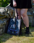 Handpressed unique art drawing wednesday addams halloween 100% organic fairtrade whimsygoth horror gothic 10oz flat base totebag fashion bag