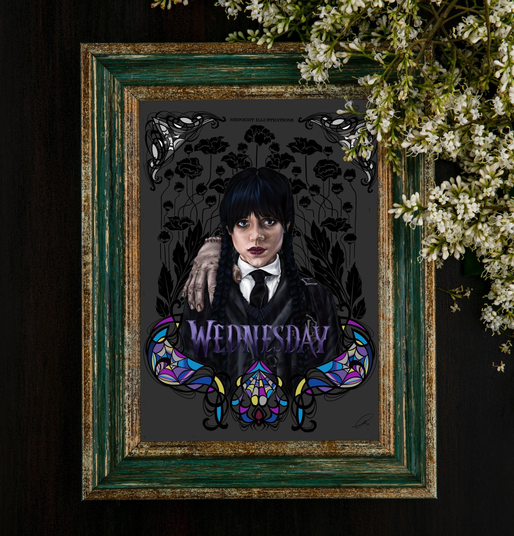 original Wednesday Addams gothic horror art print beautiful vintage Dark academia drawing illustration poster