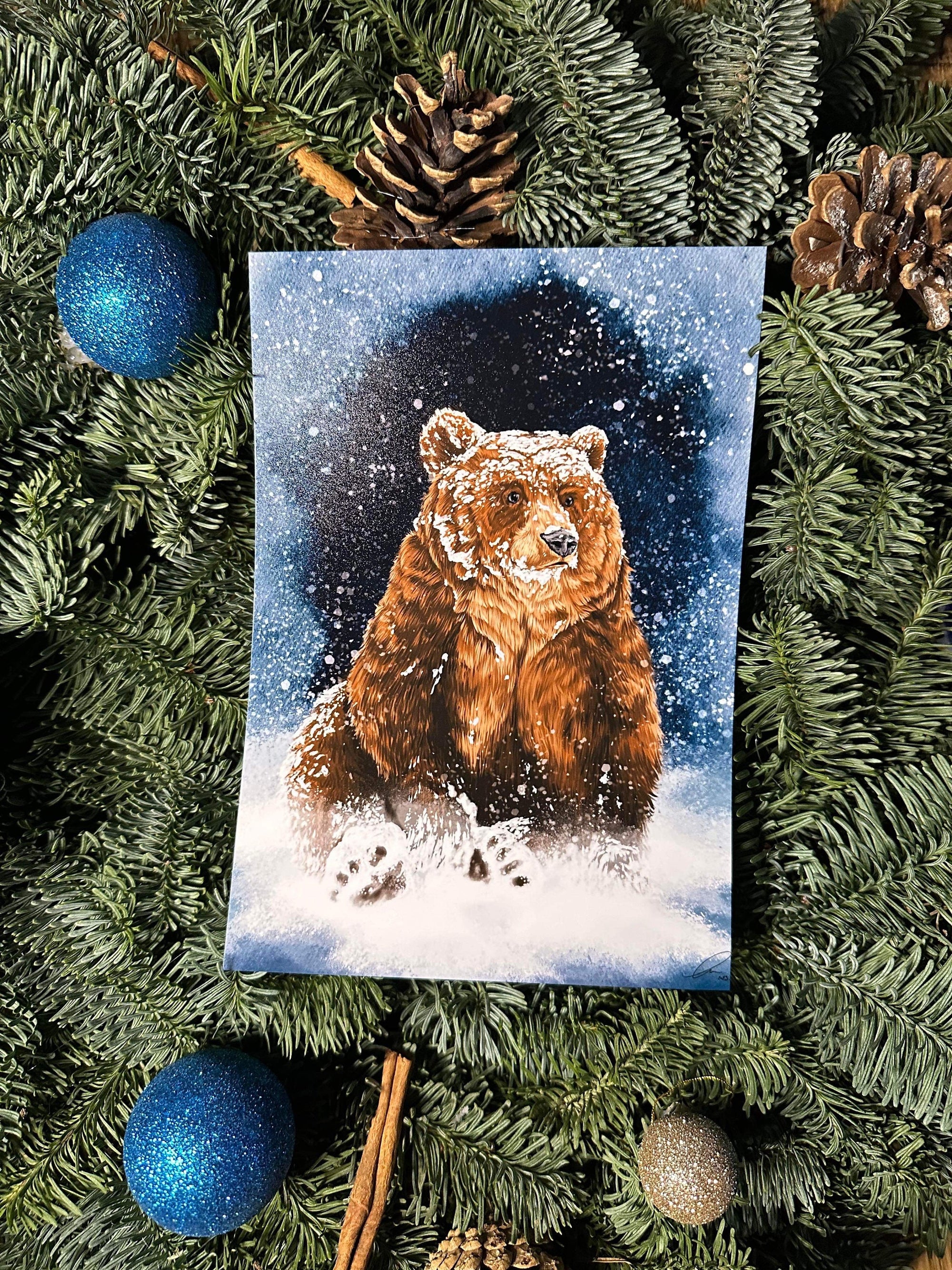 Winter woodland snowy grizzly bear art print illustration art decor wall decor brown bear bear print bear watercolour art print forest core