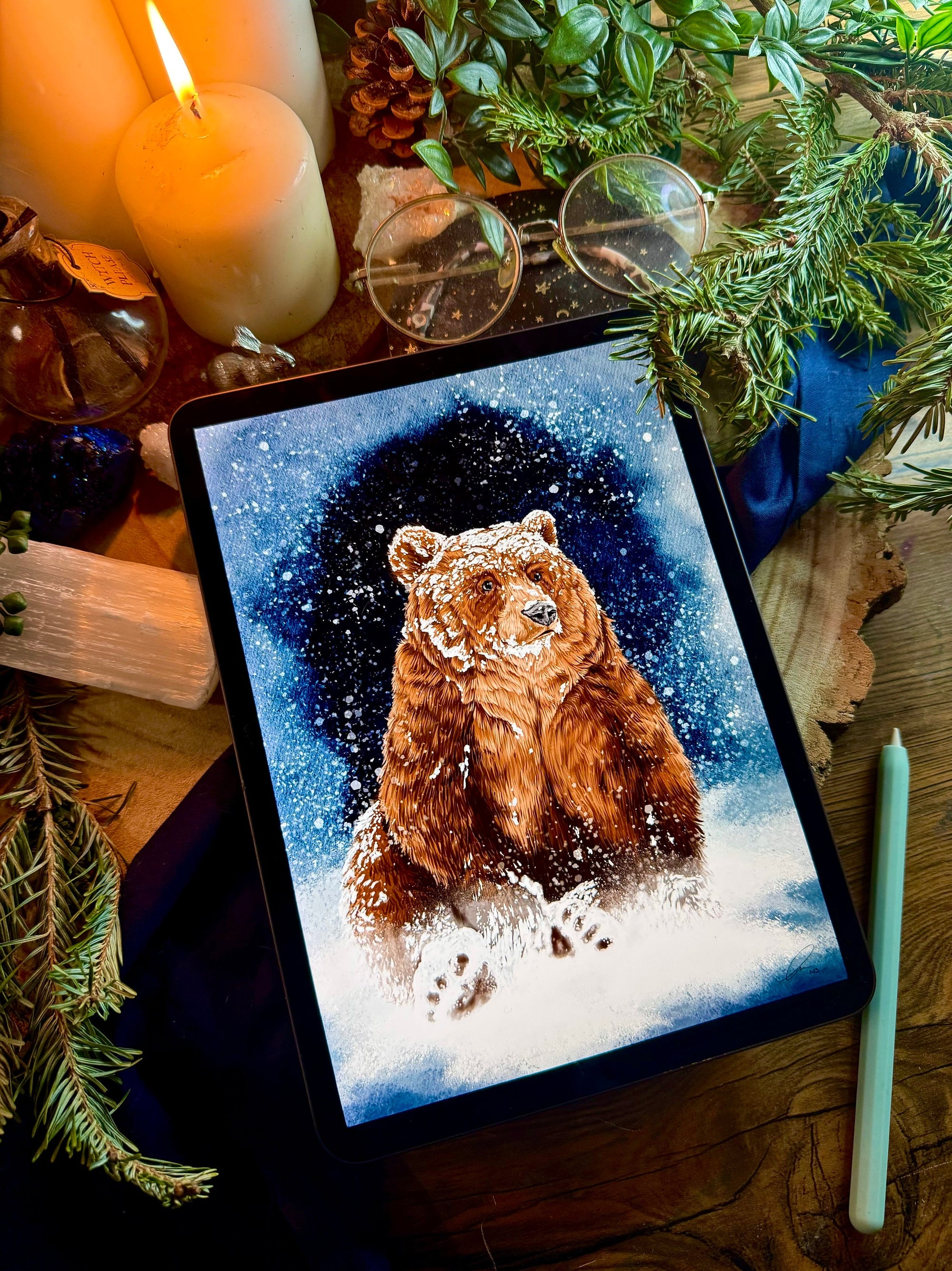 Winter woodland snowy grizzly bear art print illustration art decor wall decor brown bear bear print bear watercolour art print forest core