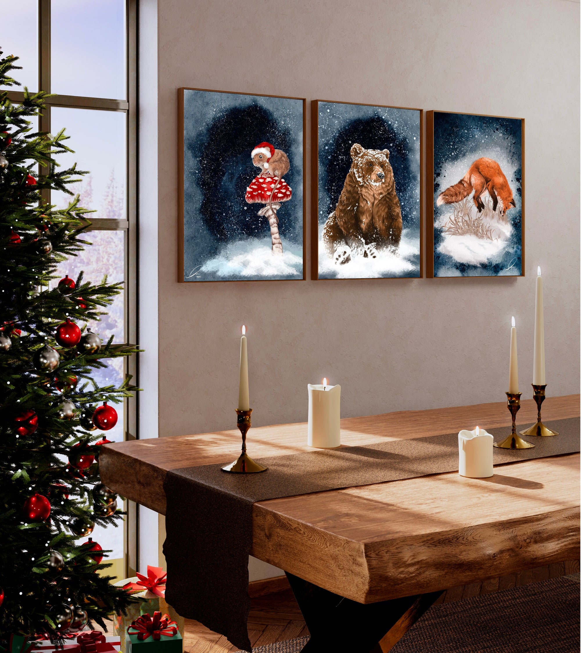 Winter woodland snowy grizzly bear art print illustration art decor wall decor brown bear bear print bear watercolour art print forest core