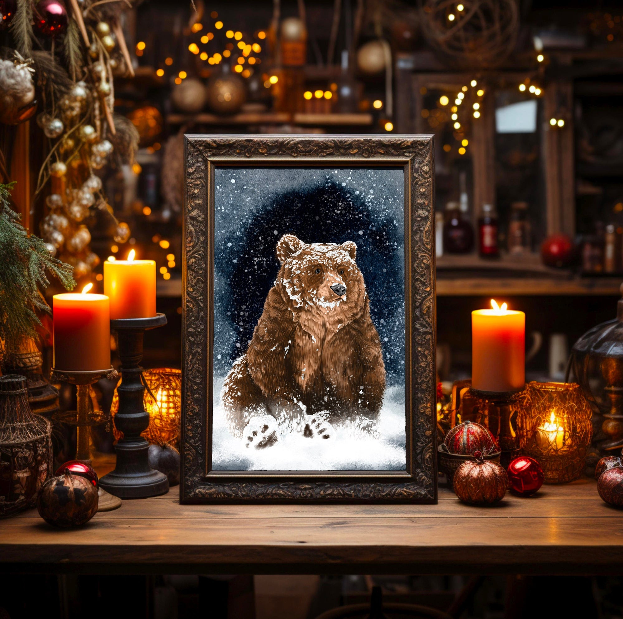Winter woodland snowy grizzly bear art print illustration art decor wall decor brown bear bear print bear watercolour art print forest core