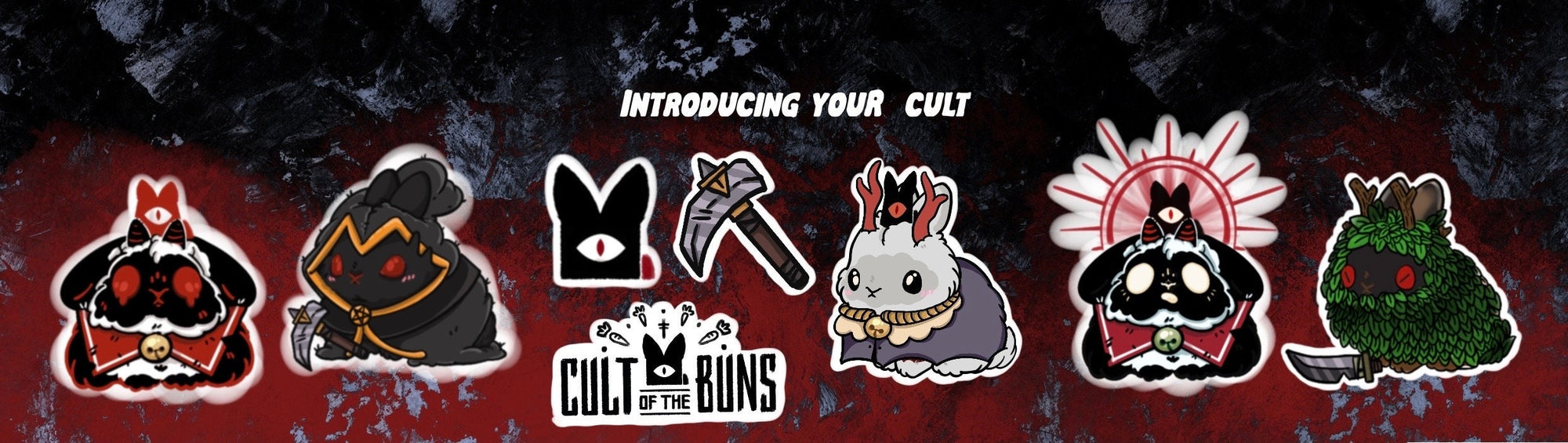 Cult of the buns sticker pack featuring main and side character stickers logo stickers and game inspired accessories