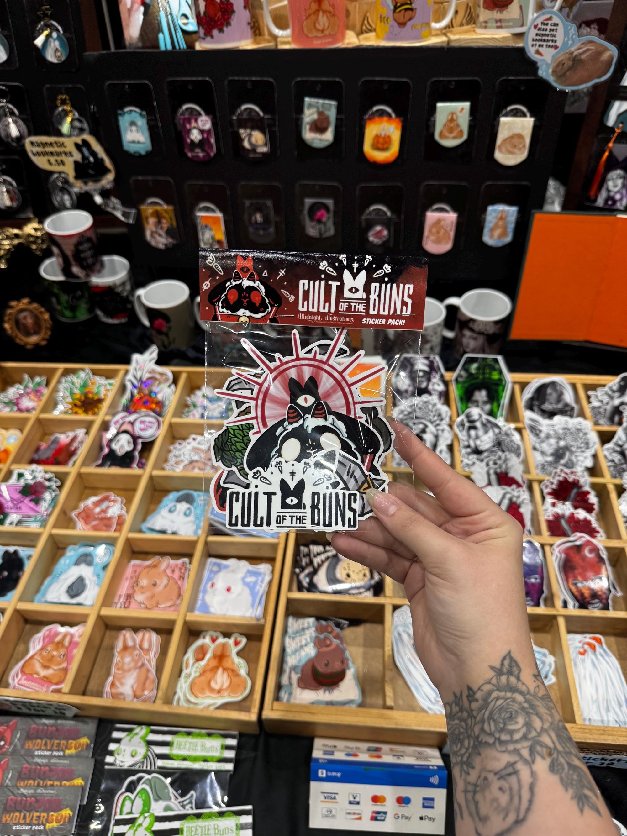 Cult of the buns sticker pack featuring main and side character stickers logo stickers and game inspired accessories