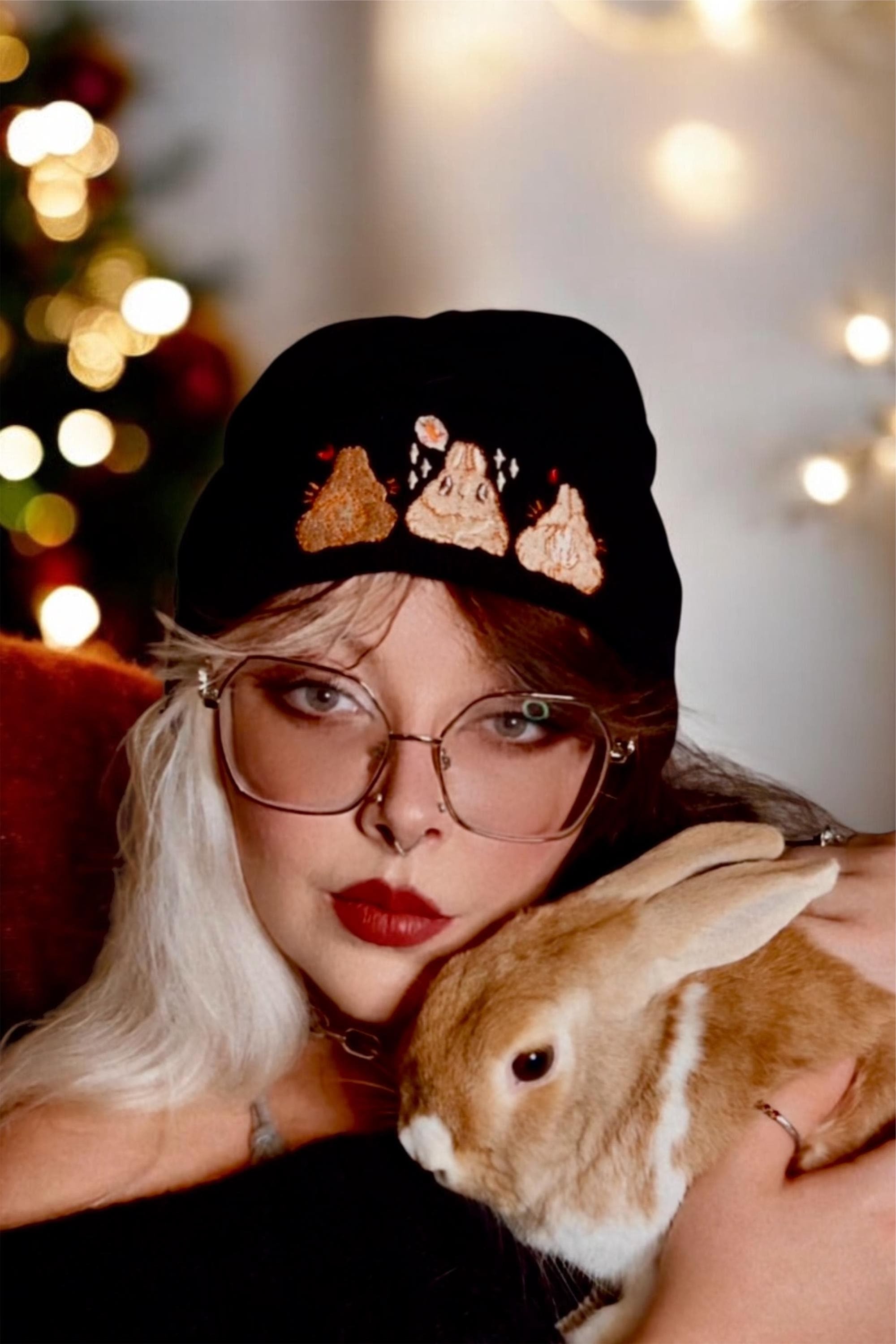 aborable kawaii THE BUNS (c) art rabbit bunny butt cute unique embroidered thermal hat black beanie featuring little hearts and a carrot.