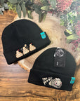 aborable kawaii THE BUNS (c) art rabbit bunny butt cute unique embroidered thermal hat black beanie featuring little hearts and a carrot.