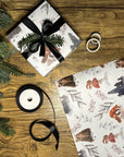 Adorable stylish winter woodlands Christmas gift wrap wrapping paper with mice mushrooms bears and foxes and foliage in cool simplistic blue