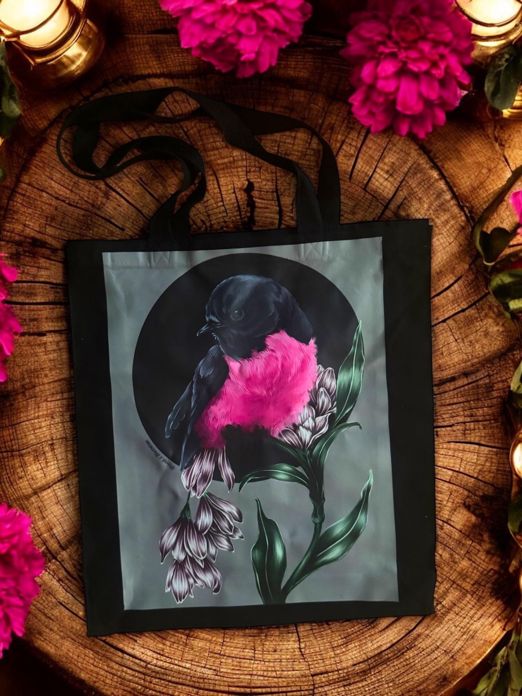 Handpressed unique pink robin art drawing illustration pink bird nature 100% organic fairtrade fairycore 10oz flat base totebag fashion bag