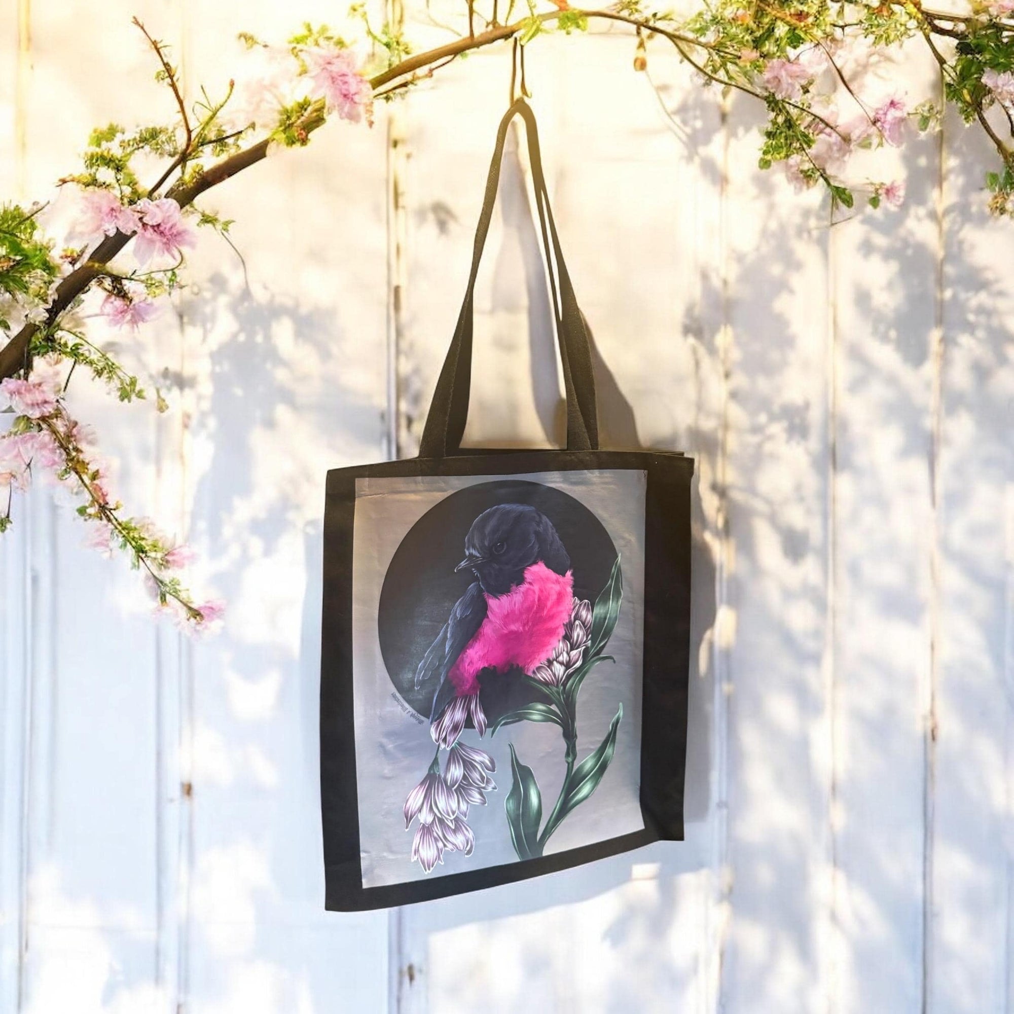 Handpressed unique pink robin art drawing illustration pink bird nature 100% organic fairtrade fairycore 10oz flat base totebag fashion bag