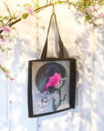 Handpressed unique pink robin art drawing illustration pink bird nature 100% organic fairtrade fairycore 10oz flat base totebag fashion bag