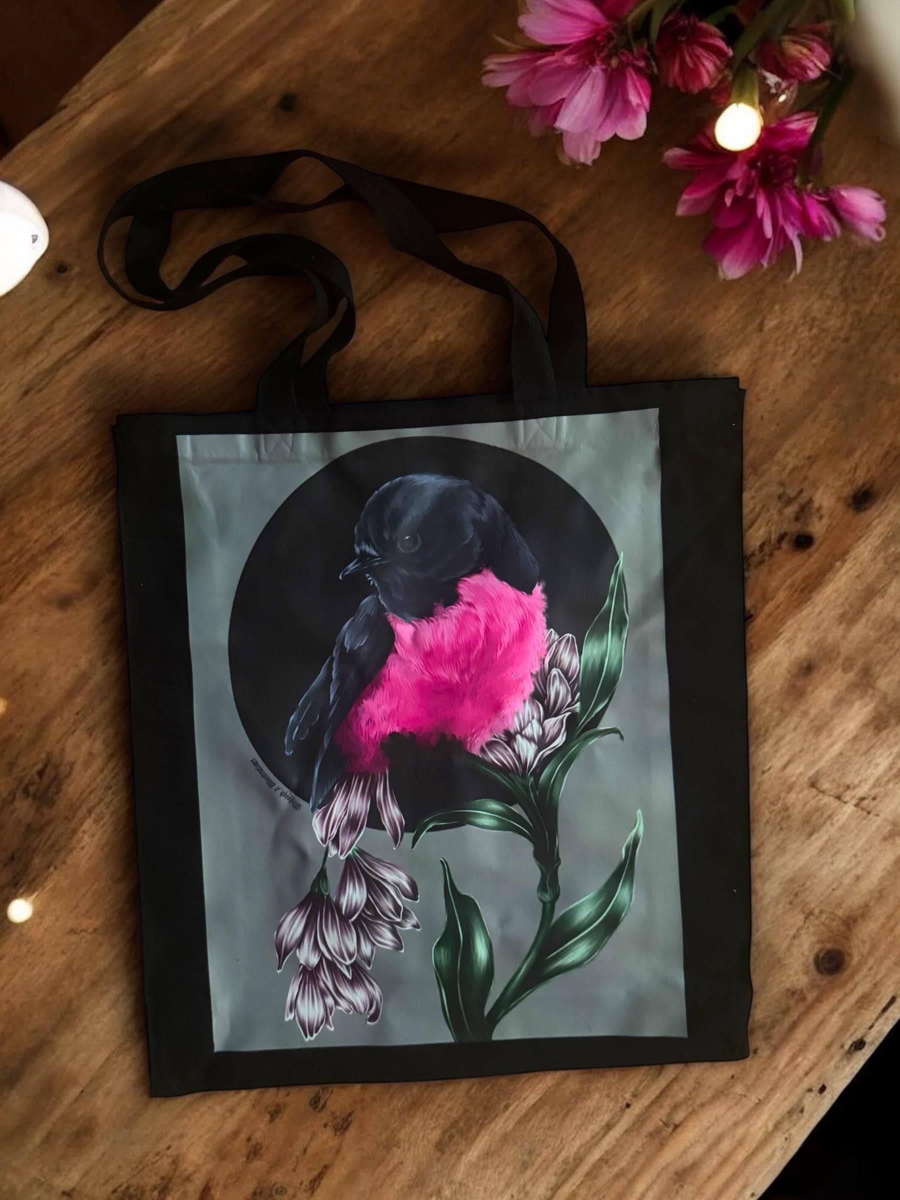 Handpressed unique pink robin art drawing illustration pink bird nature 100% organic fairtrade fairycore 10oz flat base totebag fashion bag